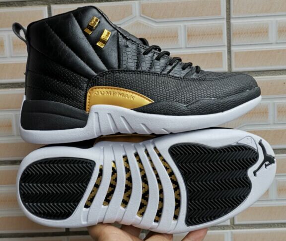 2019 Men Jordan 12 Retro Fish Pattern Black Gold White Shoes